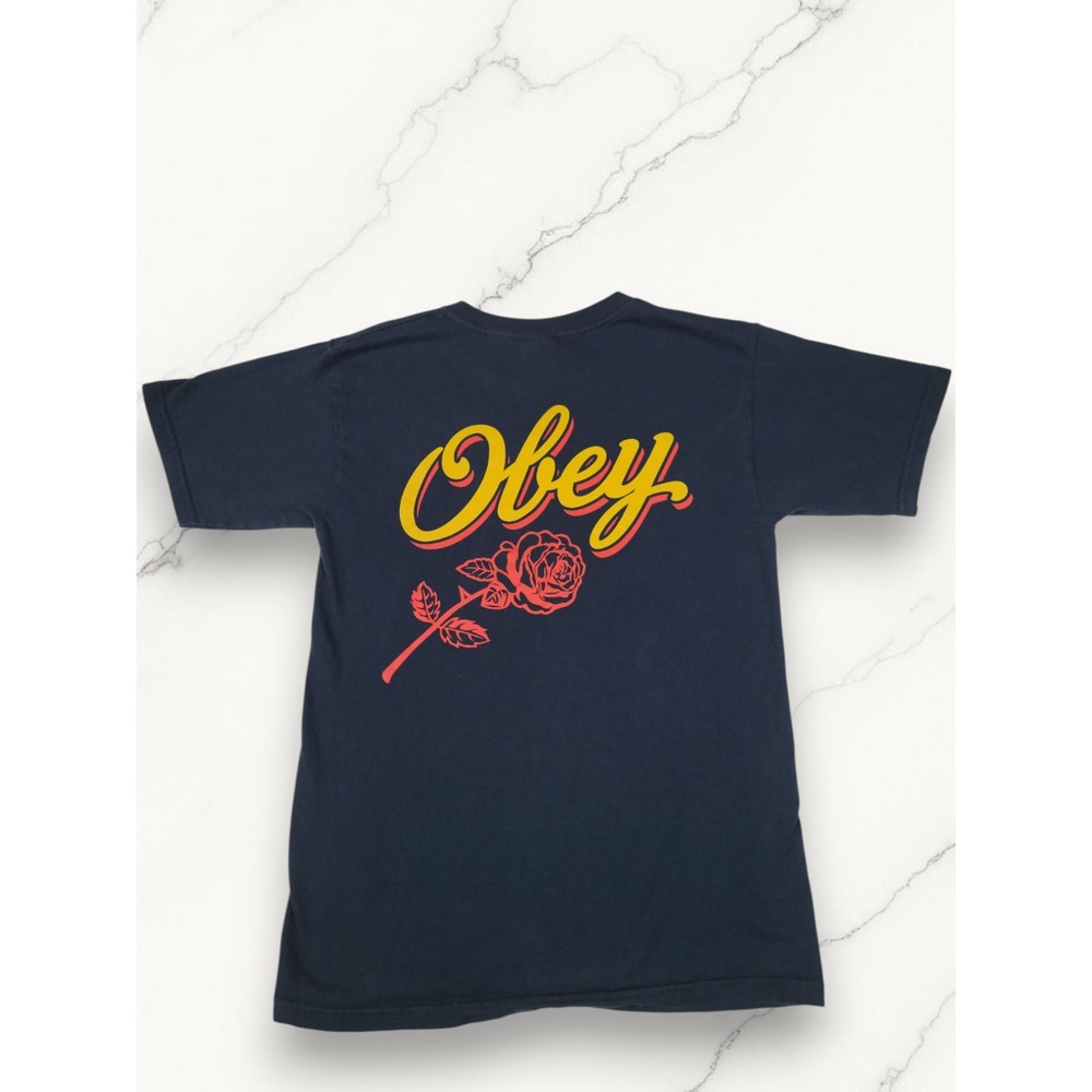 Obey Rose Graphic Tee Navy Blue Size Small